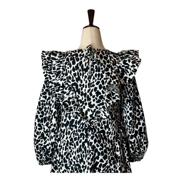 Sandy Liang Dress Women XXS Black White Cotton Leopard Print Ruffle Midi NWT - Picture 6 of 15